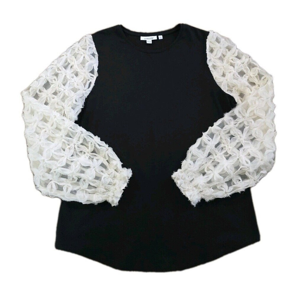 Chico's Mesh Applique Sleeve Blouse Womens Size 1 Medium Black Ivory Elegant Top - Picture 12 of 13